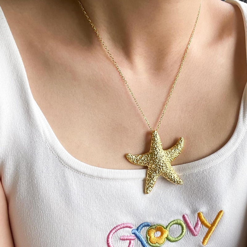 Sanyaa Seashell Starfish Necklace for Women Conch Shell Summer Pearl Beach 14k Gold Layered Dainty Choker - Image 2